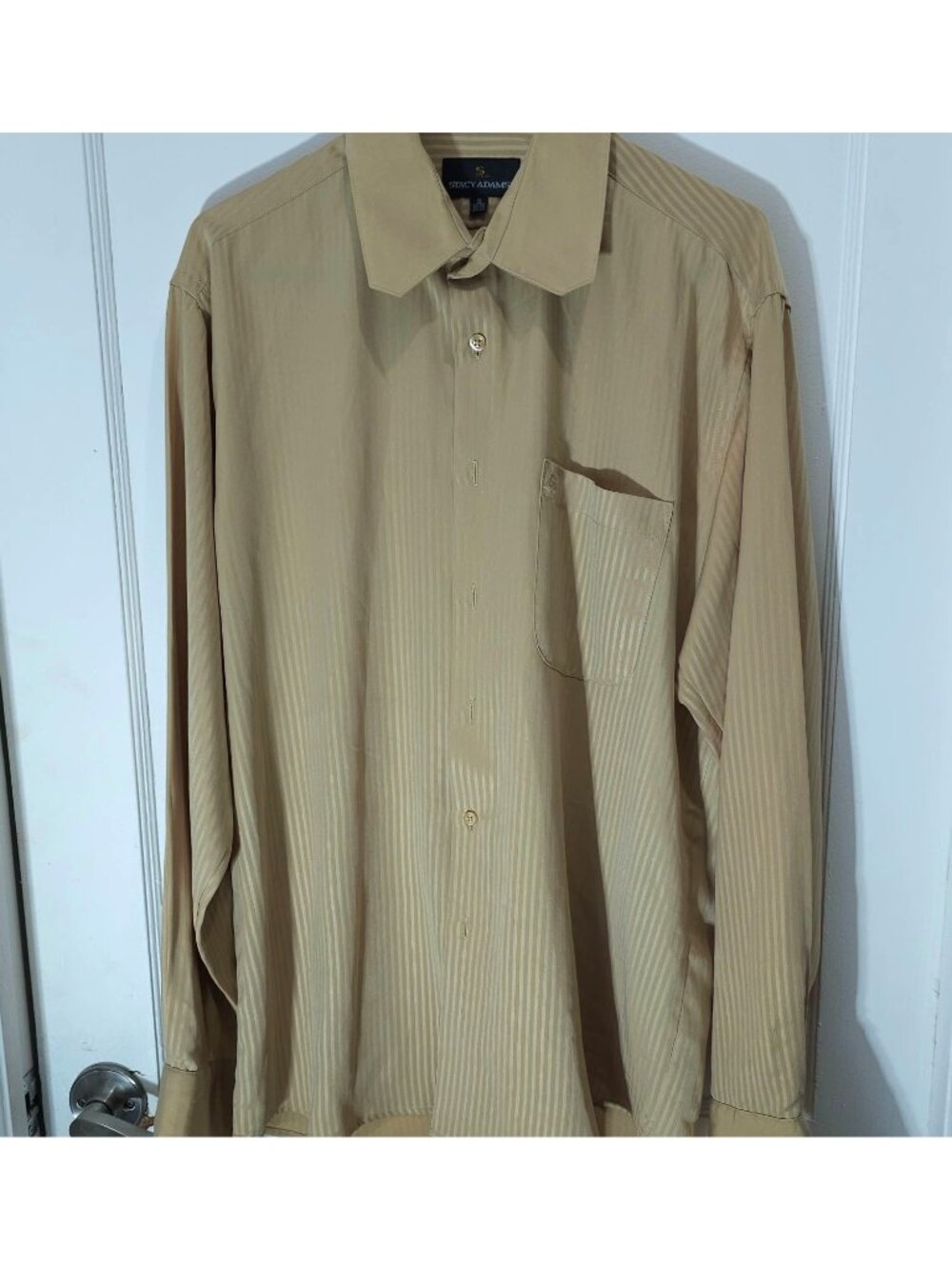 Stacy Adams Men’s Beige Striped Dress Shirt 16 34/35 Polyester